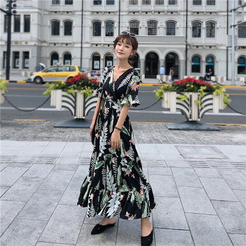 Female Summer Dress 2019 New Korean Fashion Women Short Sleeve Black Floral Print Long Chiffon Dresses | Женская одежда