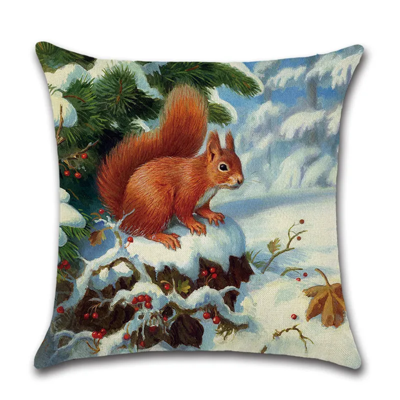 Новогодний чехол на подушку с изображением деда мороза снеговика белка птица
