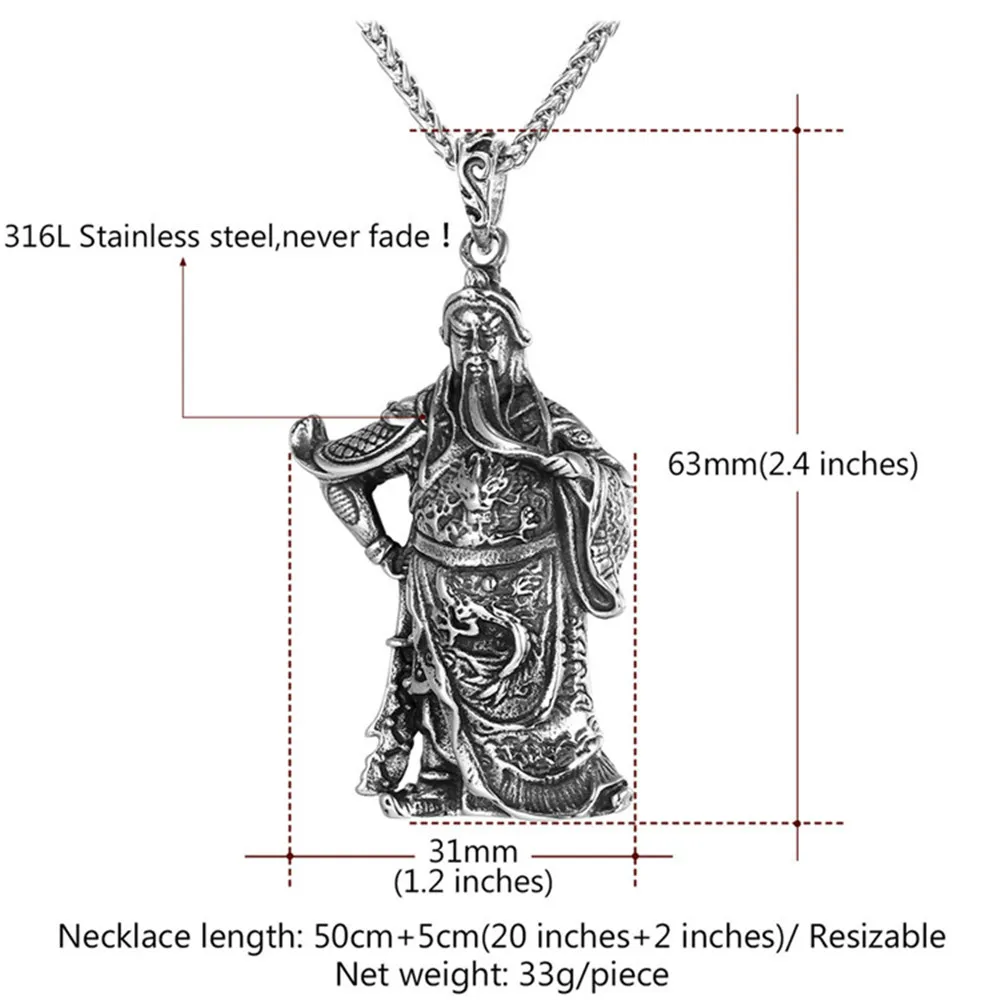Невыцветающее мужское ожерелье с кулоном Guan Yu из нержавеющей стали 316L цепочкой
