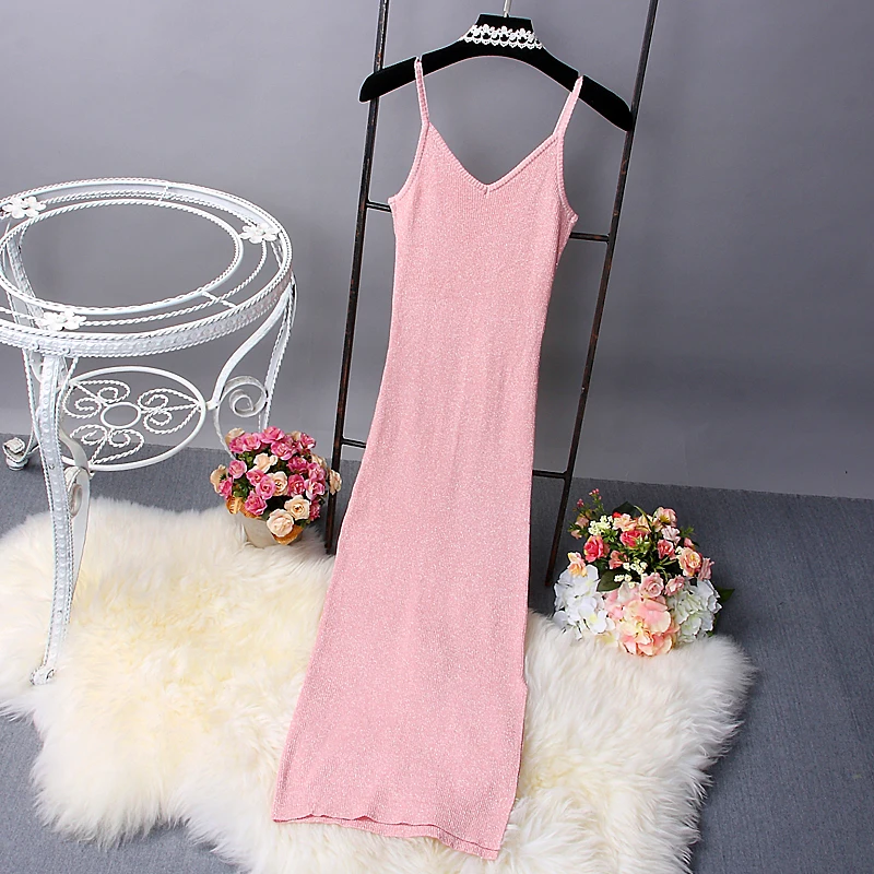 [Alphalmoda] 2017 весенний женский Блестящий трикотажный сарафан тонкие боковые