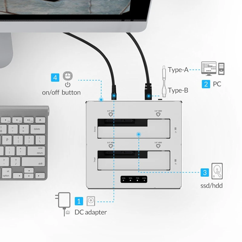Док станция ORICO с USB 3 0 на SATA алюминиевая док двумя отсеками для HDD 2 5/3 5 дюйма SSD ОС