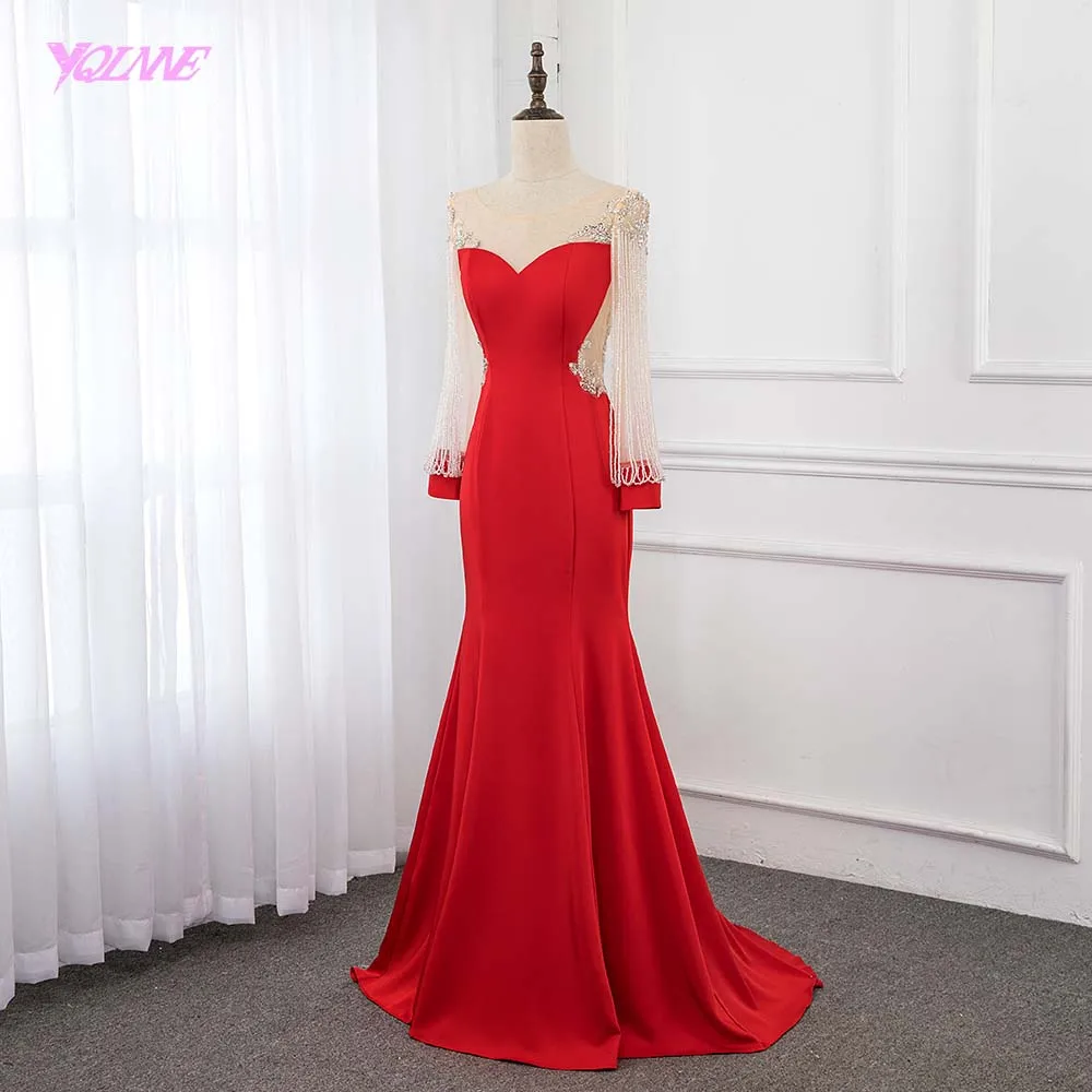YQLNNE красное вышитое кристаллами вечернее платье с длинным рукавом и бисером