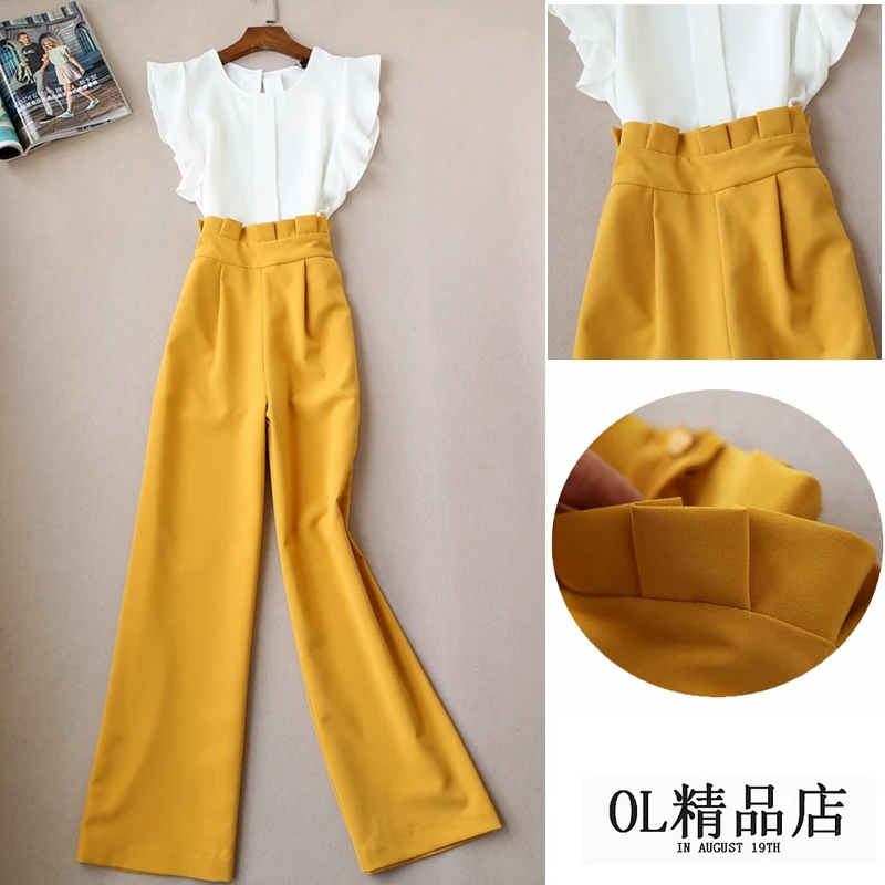 

Комплект из двух предметов, топ и брюки, модный элегантный женский костюм пионеров из двух предметов, рубашка без рукавов, брюки с широкими штанинами