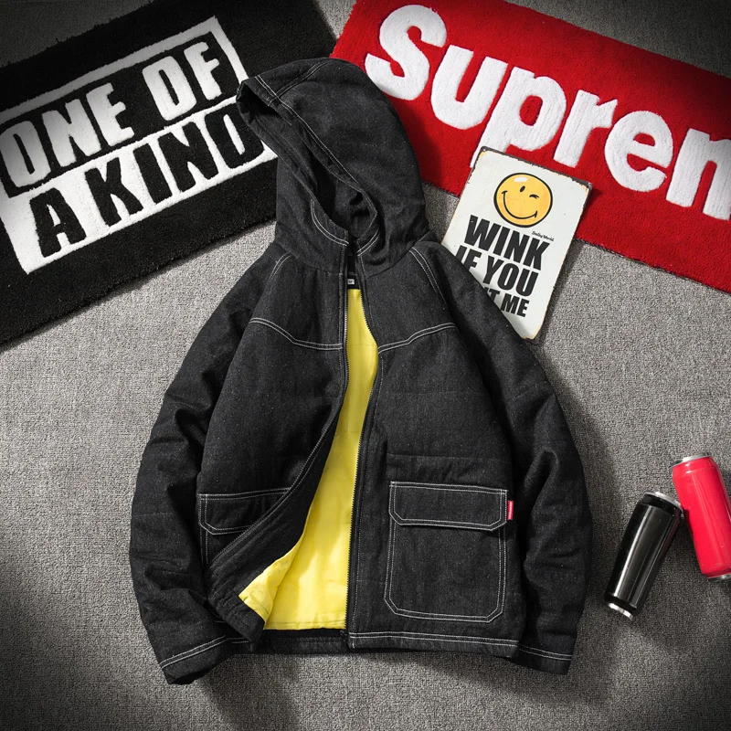 

M-5XL 2021 Winter Japanese hooded denim winter jacket men slim fit parka men winter coat warm thick clothing male winter coats