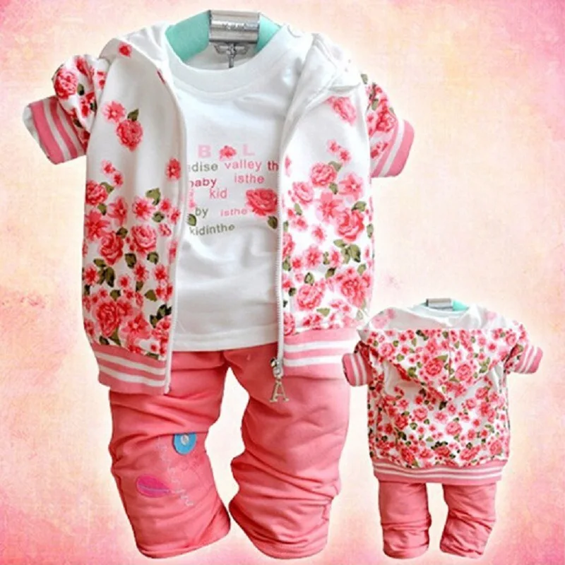 (3Pcs/lot) Infant Floral Outfits Sets Children Clothing Hooded Coat+T Shirt+Pants Kids Casual Suit Baby Girls Clothes Set | Детская
