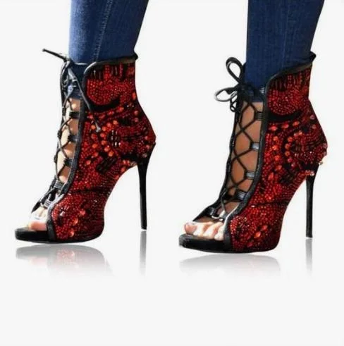 2019 Hot Selling Colorful Crystal Embellished Ankle Boots Peep Toe Lace-up Short Bootie Coverd Heels Multi Color Beads | Обувь