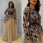 Шикарное кружевное арабское официальное платье с длинными рукавами, элегантное женское платье цвета шампанского, вечернее платье, 2018, платья для выпускного с бусинами