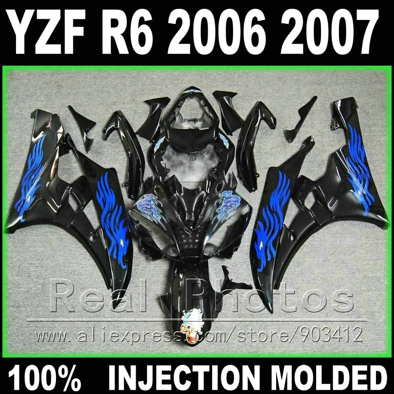 Новинка обтекатели для YAMAHA R6 2006 2007 литьё под давлением черное синее пламя YZF