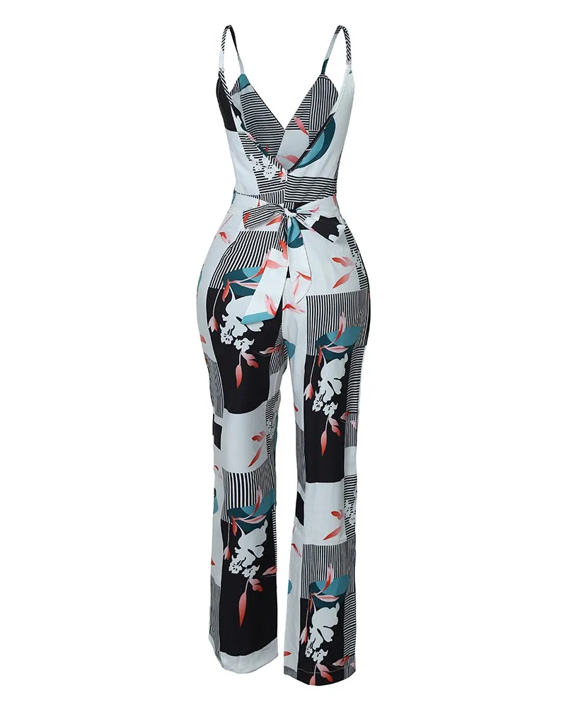 Women Summer Elegant V-Neck Sleeveless Open Back Brief Casual Jumpsuit Spaghetti Strap Mixed Print Wide Leg | Женская одежда