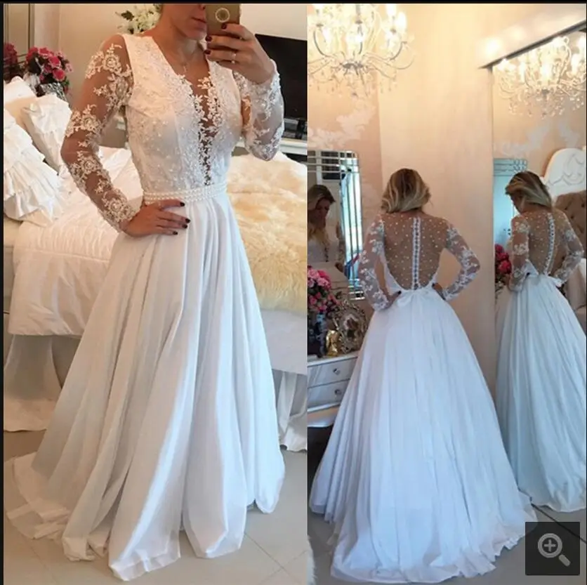 2017 new designer white chiffon deep v neck sexy wedding dress pearls long sleeve lace appliques sheer back bride | Свадьбы и
