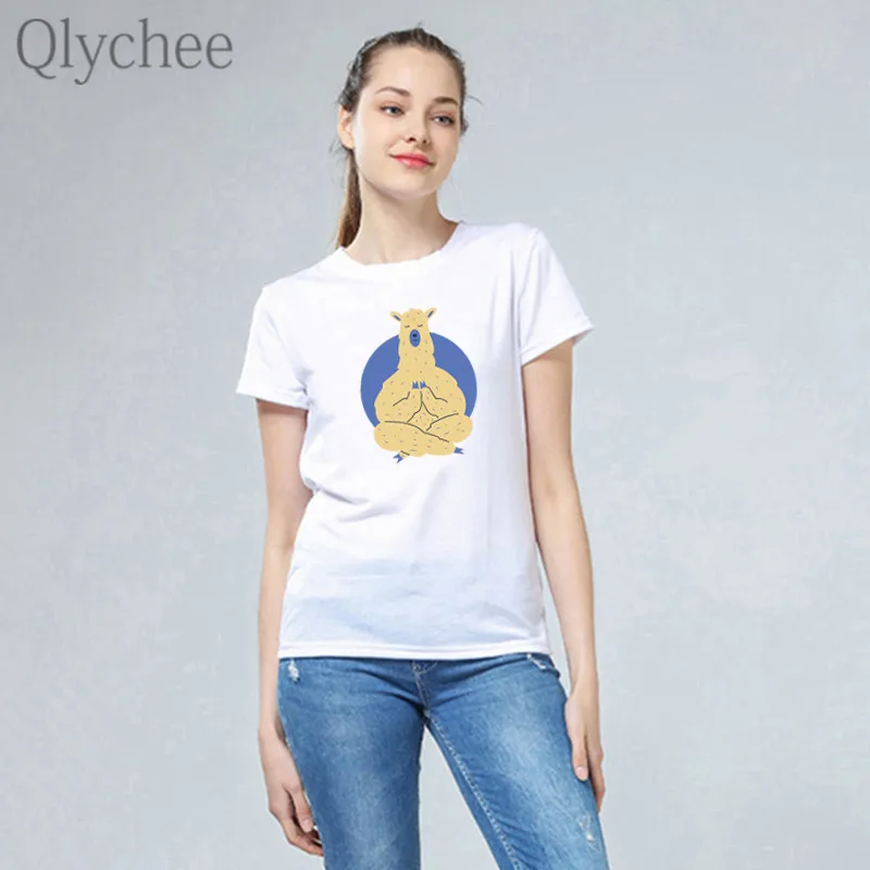 Qlychee Harajuku медитирующая женская футболка с принтом альпаки Футболки вырезом