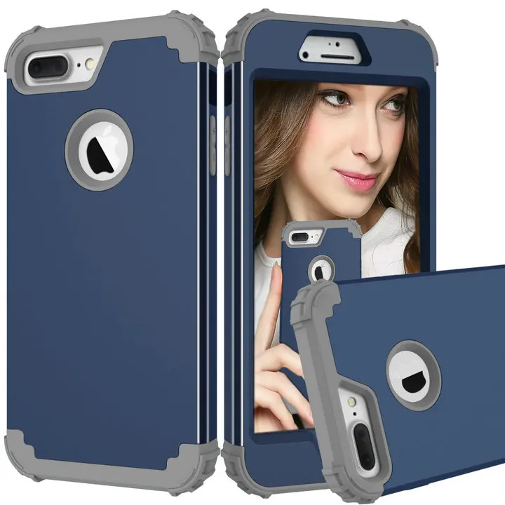 Navy Blue Grey 3 в 1 от смешанного воздействия Защитная крышка для iPhone 7 8 Plus силиконовая резиновая кожа Жесткий комбинированный бампер чехол для iPhone 7Plus 8 Plus крышка - Цвет: Navy Blue Grey