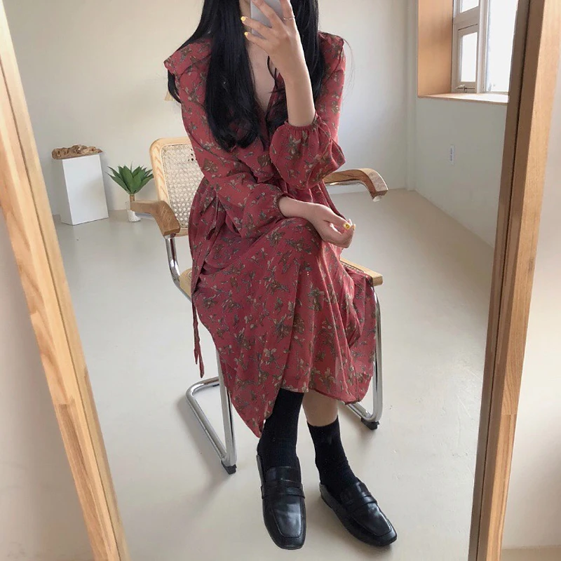 Для женщин платья Ins для девочек Kawaii Ulzzang Chic Раффлед Платье с длинным рукавом в