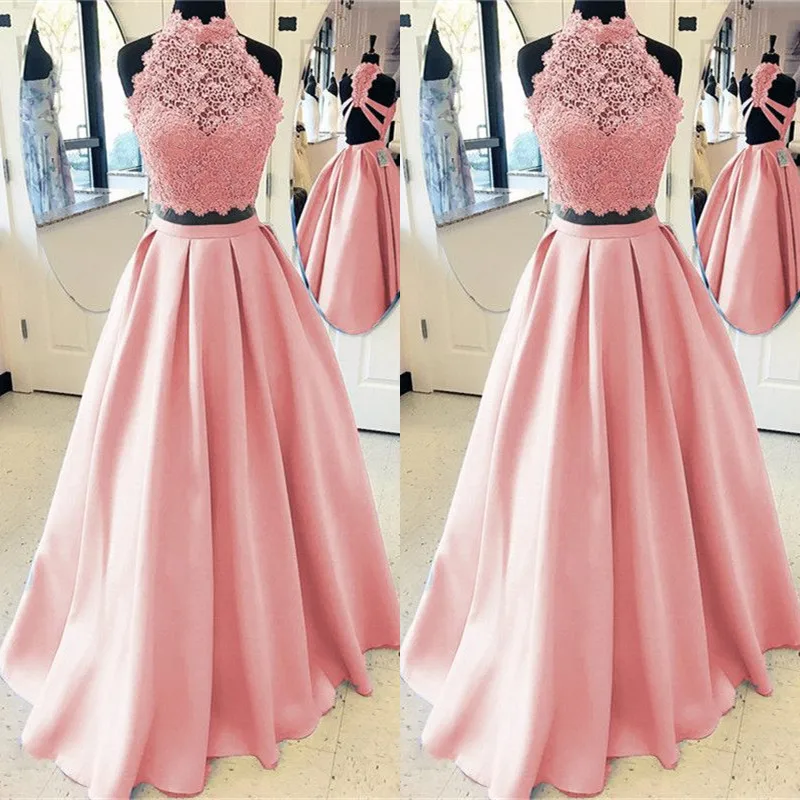 Pink Two Piece Prom Dresses Long 2019 vestidos de fiesta largos elegantes gala A Line Lace Special Occasion Dress Formal Gown | Свадьбы и