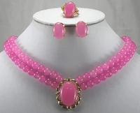 charming luxurious pink jades ring stud earrings necklace pendant jewelry set