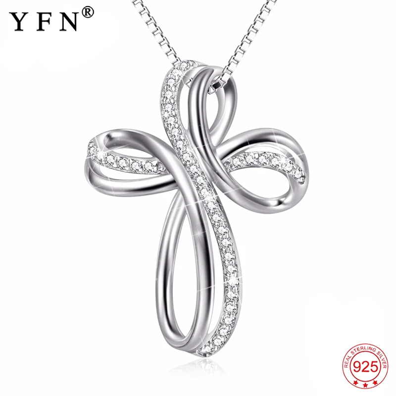 

YFN 925 Sterling Silver Necklace Classic Cross Pattern Pendants Necklaces Crystal Trendy Jewelry Necklace For Women Silver Chain