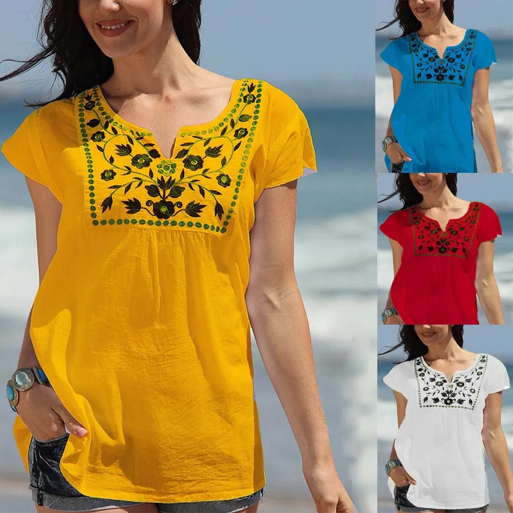 

Women S-2xl Casual Flower Print Loose Blouse Shirt Summer V-neck Short Sleeve Blusa New Fashion Womens Blouses And Tops