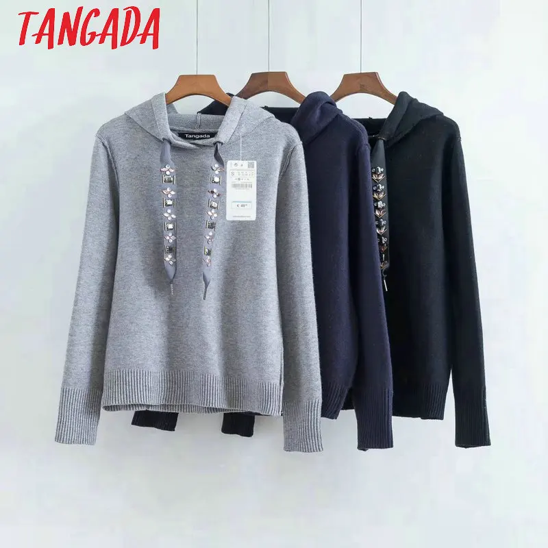Tangada серая толстовка толстовка с капюшоном худи с капюшоном теплое худи теплая толстовка вязаная толстовка кофта с капюшоном толстовка со стразами зимний свитер осенний свитер RY11