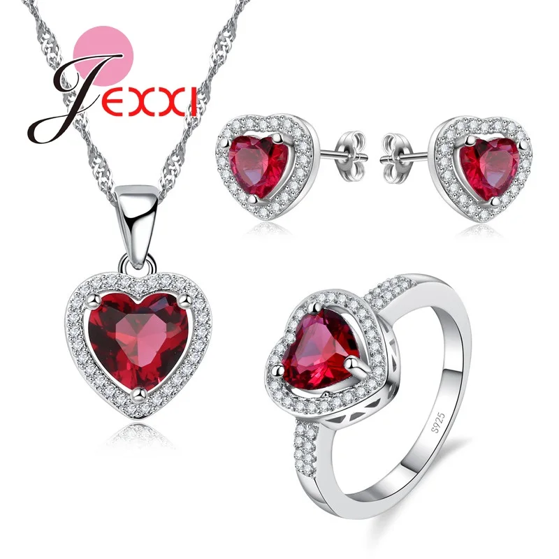 

New Arrival Fashion 925 Sterling Silver Jewelry Set Charm Red Heart Necklace + Earrings + Ring Sets Wholesale