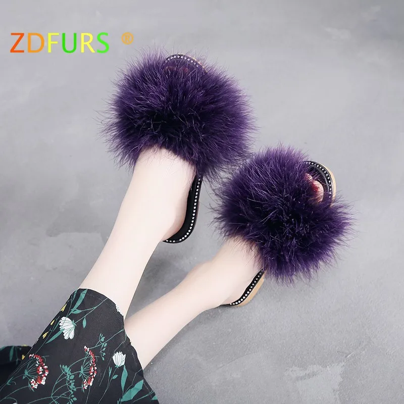purple ZDFURS*/; женские тапочки со страусиными перьями; пушистые летние шлепанцы на плоской подошве; Домашние Вьетнамки; пушистые Повседневные Вечерние пляжные шлепанцы - Цвет: purple