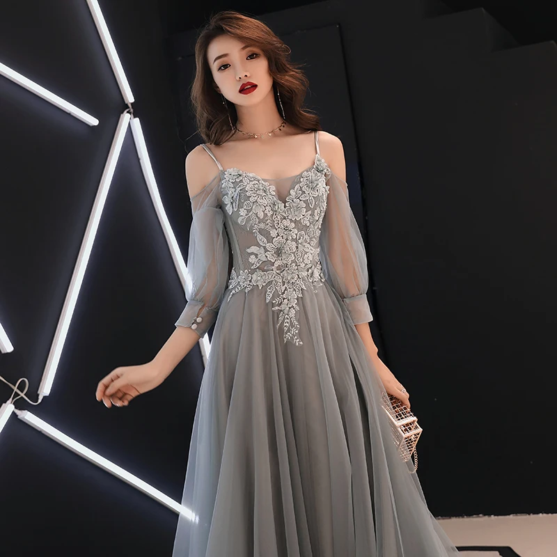 Серые аппликации перспективное женское вечернее платье-макси Vestidos сексуальное роскошное элегантное Сетчатое платье длинное Открытое Платье De Soiree