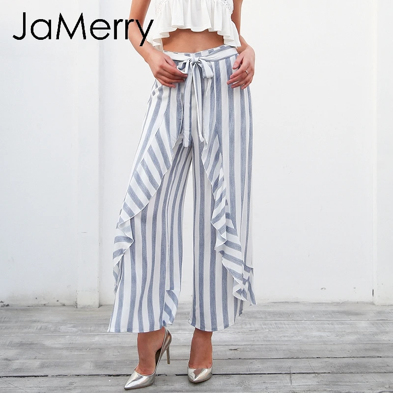 JaMerry Boho Сексуальная полоса широкие брюки для женщин Нижняя Sash ruffle штаны с