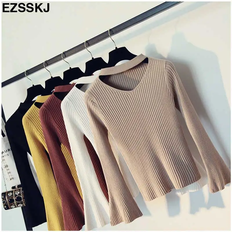 fashion halter knitted sweater women Autumn winter pullover female tops Slim v neck black jumper casual pull femme flare sleeve | Женская