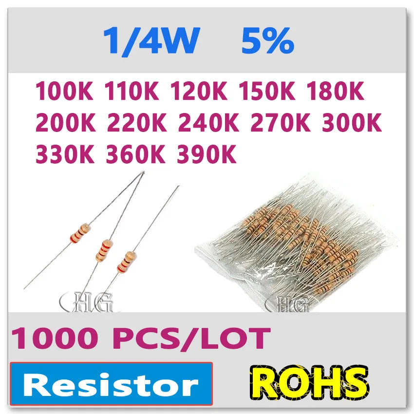 

JASNPROSMA 1000PCS 5% 1/4W 100K 110K 120K 150K 180K 200K 220K 240K 270K 300K 330K 360K 390K carbon film OHM Color ring Resistor