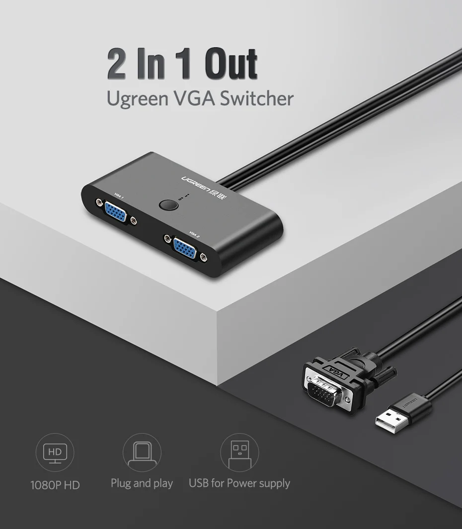 Ugreen 2 порта VGA коммутатор 1920*1440 USB переключатель аудио видео VGA коммутатор 2 шт. 1 монитор переключение для ТВ коробка ноутбук проектор