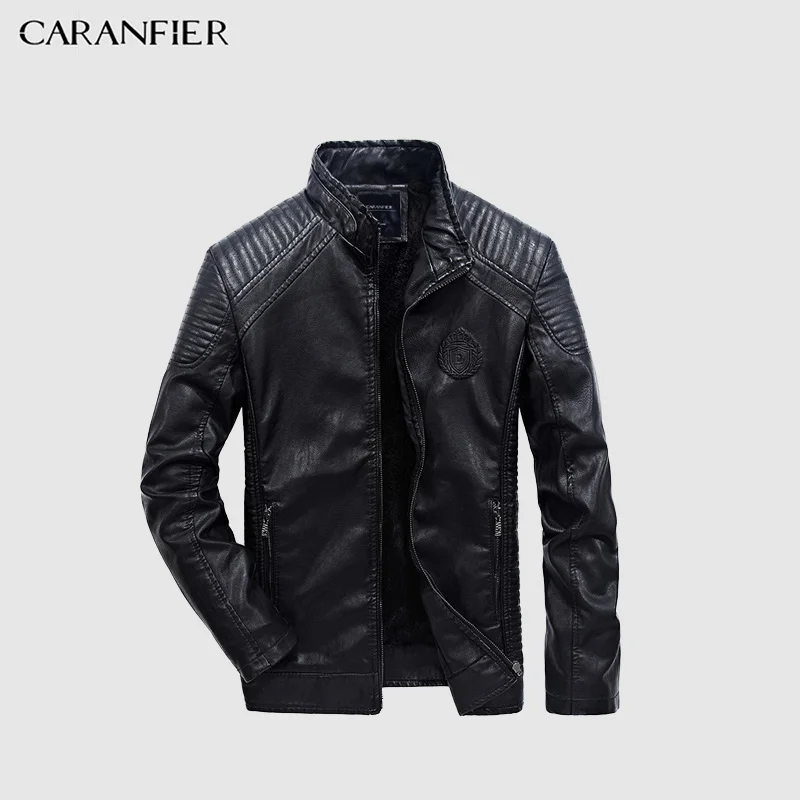 CARANFIER мужские кожаные куртки осень зима PU пальто для мужчин плюс бархатная