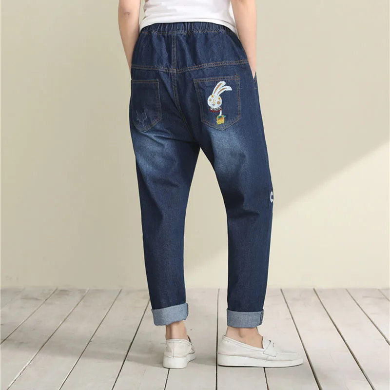 Женские винтажные джинсы с вышивкой свободные брюки принтом и эластичной талией