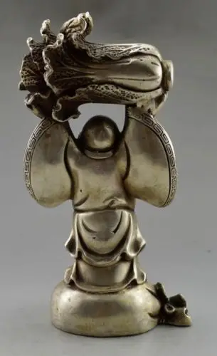 

Delicate China White Copper Lucky Blessing Statue - The Maitreya Buddha Holding A Chinese Cabbage