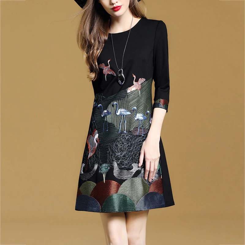 2019 Spring Summer New Women's Office Lady embroidered dress Fashion O-Neck Elegant Slim A word Mini LF1057 | Женская одежда