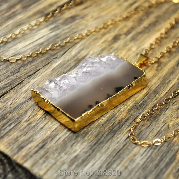 

SN-089 Amethysts Druzy Slice Pendant Necklace with Gold Chain
