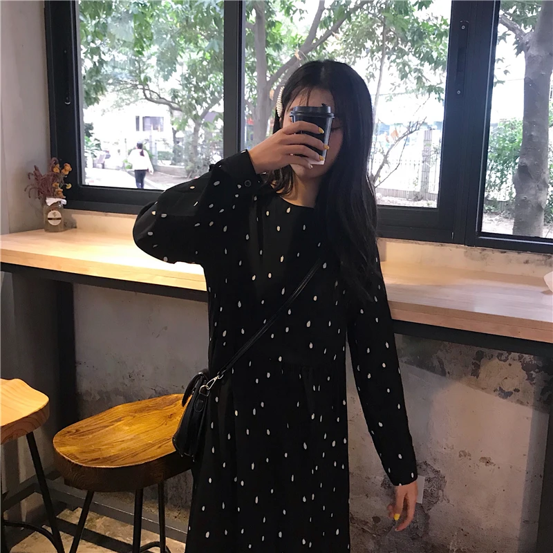 Платье размера плюс, 4XL, 3XL, женское повседневное милое платье с длинным рукавом в консервативном стиле, винтажное Свободное длинное гофрированное платье в горошек для девушек 6312