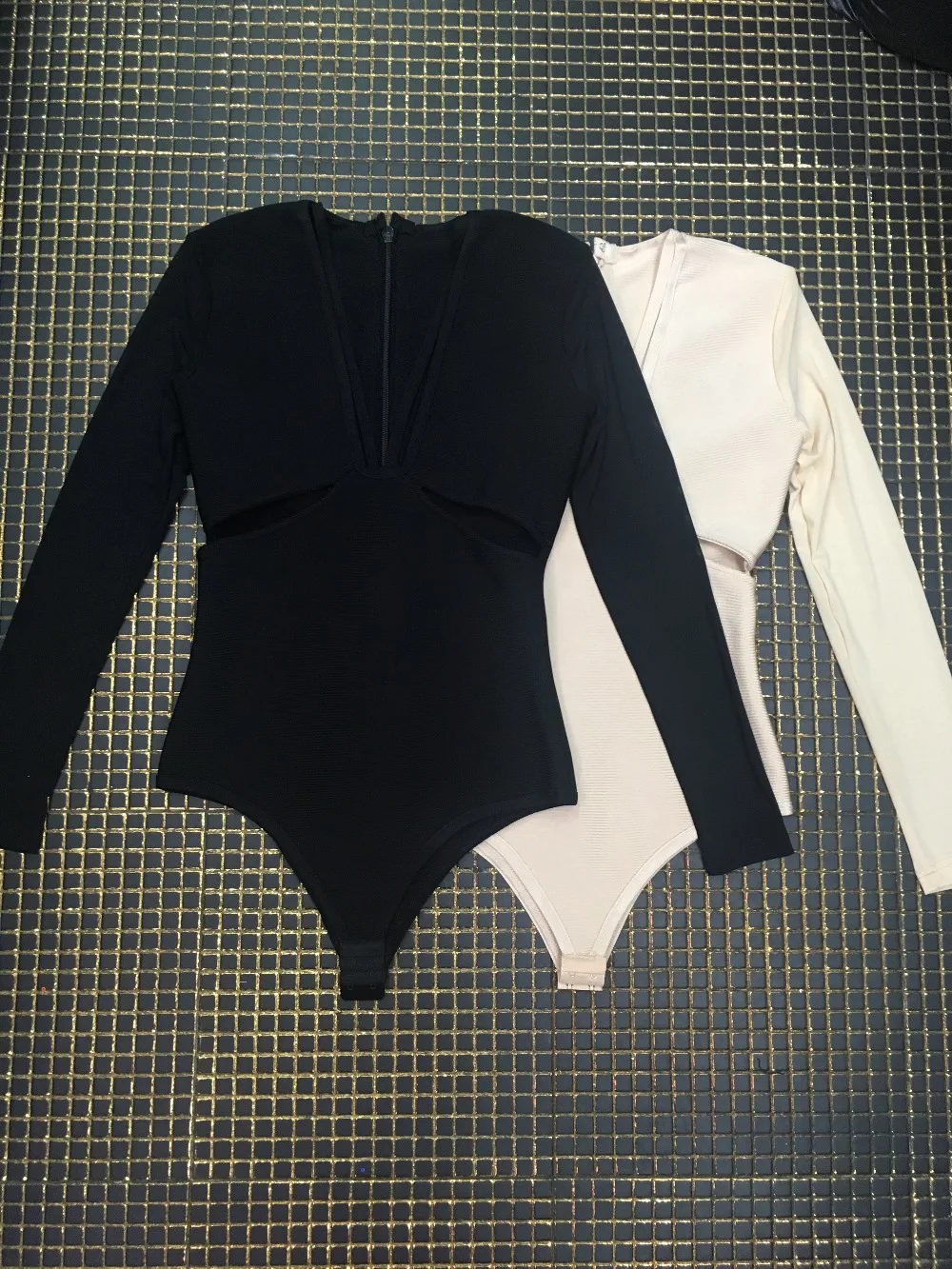 Black Apricot Long Sleeve V Neck Hollow Out Rayon Bandage Bodysuit Women Bikini