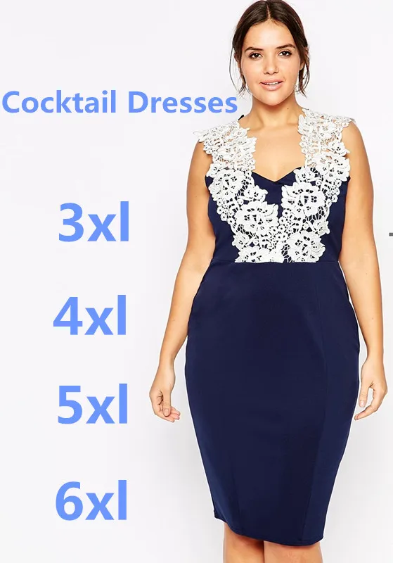Fashion design plus size pencil dress sexy deep v-neck dresses navy blue midi with white lace female fashion 039