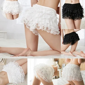 Женские черныебелые шорты с оборками, сексуальные кружевные шорты с эластичной резинкой на талии, повседневные шорты с бантом, Нижняя юбка-брюки, базовые шорты