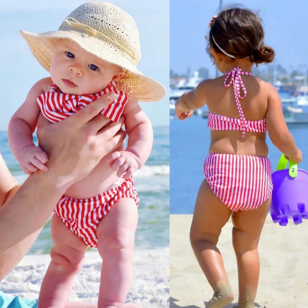 2018 New Style Kids Swimwear 1-6Y Girls Two Pieces Striped Bow Child Swimsuit Children Bikini Baby Girl Halter Swim Suits | Мать и