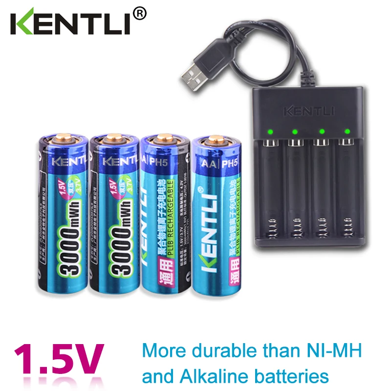 

4pcs KENTLI AA 1.5V 3000mWh polymer lithium li-ion rechargeable batteries battery+4 slots USB li-ion battery charger