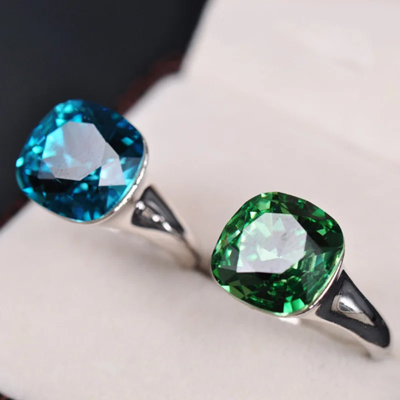 MOONROCY Модные кольца с кристаллами квадратные синие зеленые ювелирные изделия для