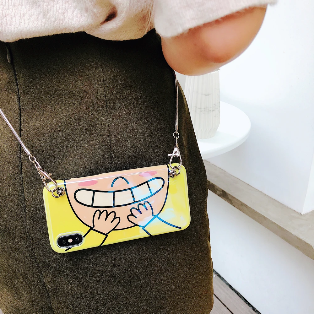 Luxury Blue light Funny Smiling Face Messenger Chain Bag Soft TPU Phone Case For iPhone6 7 8 Plus X XS Max XR Cover |