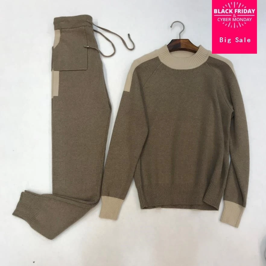 

30%Wool +45% Cashmere Knit warm Suits hit color cashmere wool Sweater + Mink Cashmere Trousers Leisure Two-pieces sets wq355