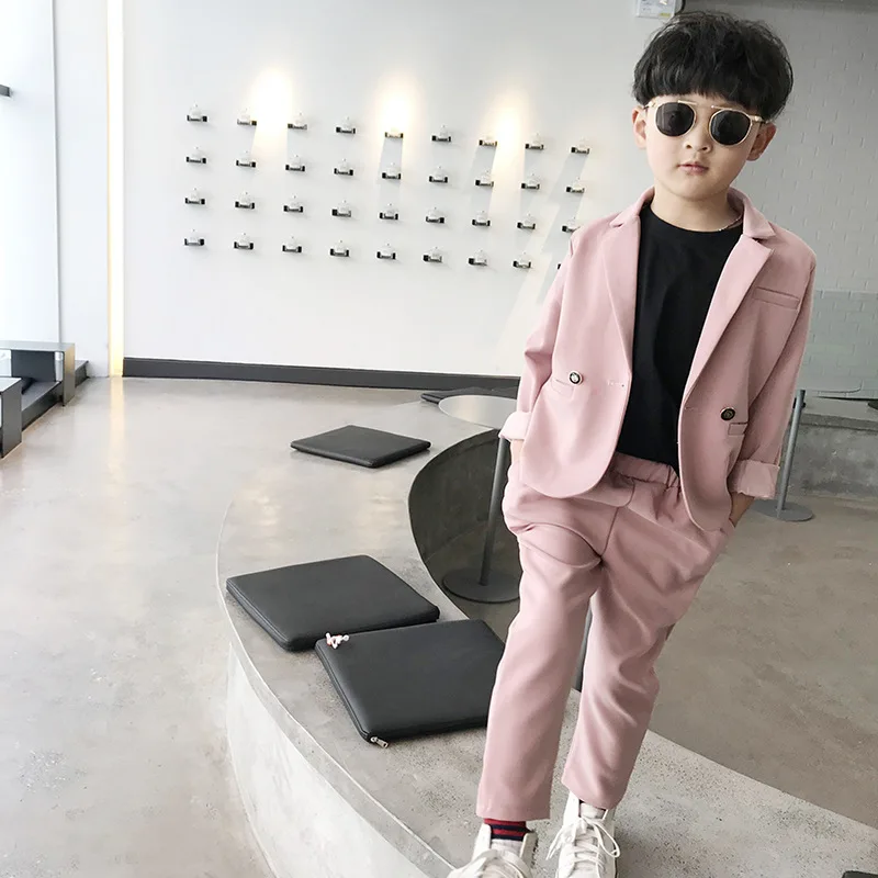 pink Детский летний розовый костюм для мальчиков; красивый повседневный костюм для вечеринки, дня рождения; детский блейзер и брюки; комплекты одежды из 2 предметов - Цвет: pink