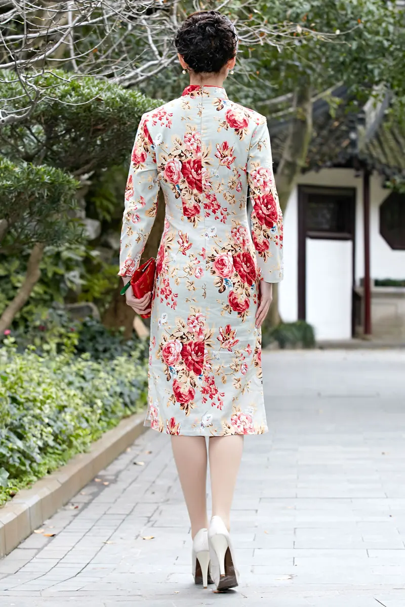 red flower Chinese women' cotton/linen long sleeves evening Dress/ Cheong-sam s-3xl | Тематическая одежда и униформа