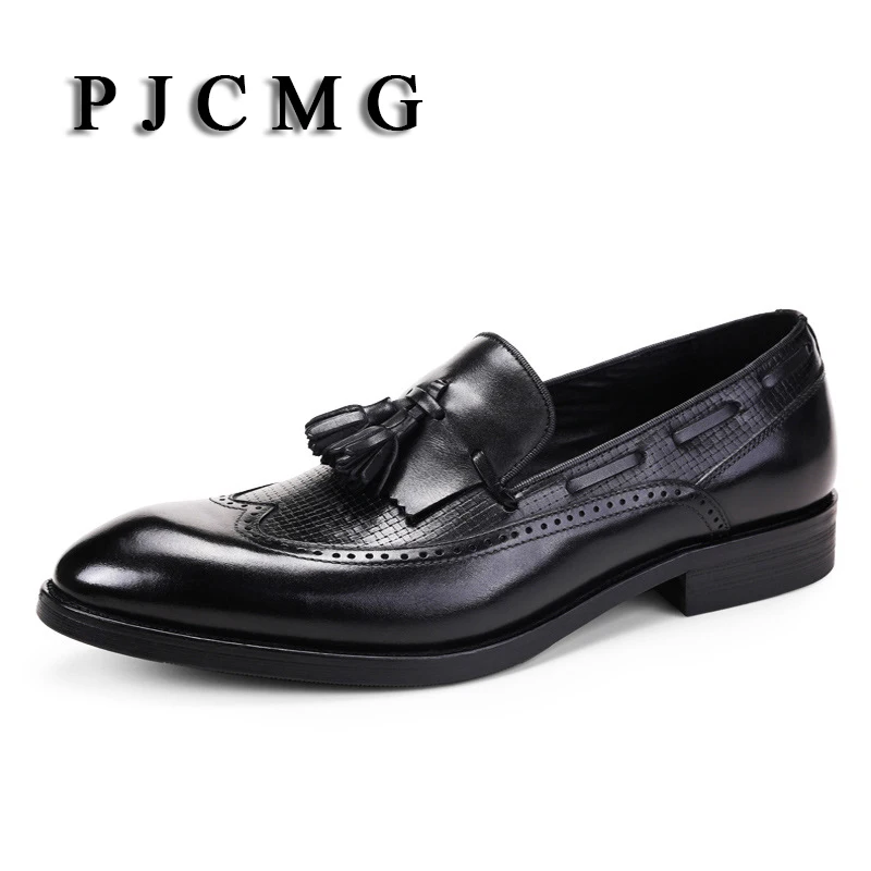 

PJCMG New Breathable Black/Red Dress Genuine Leather Carved Style Pointed Toe Slip-On Wedding Business Wedding Shoes With Tassel