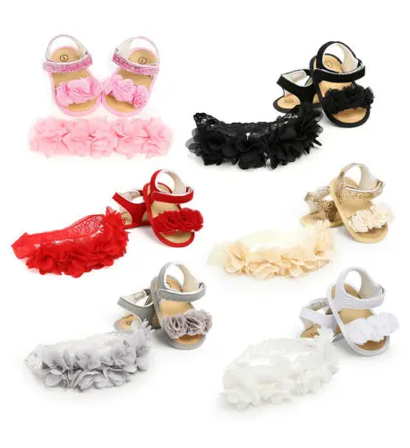 Newborn Kid Baby Girl Flower Sandals Casual Crib Shoes First Prewalker+Headband 2Pcs Summer Toddler Clogs |