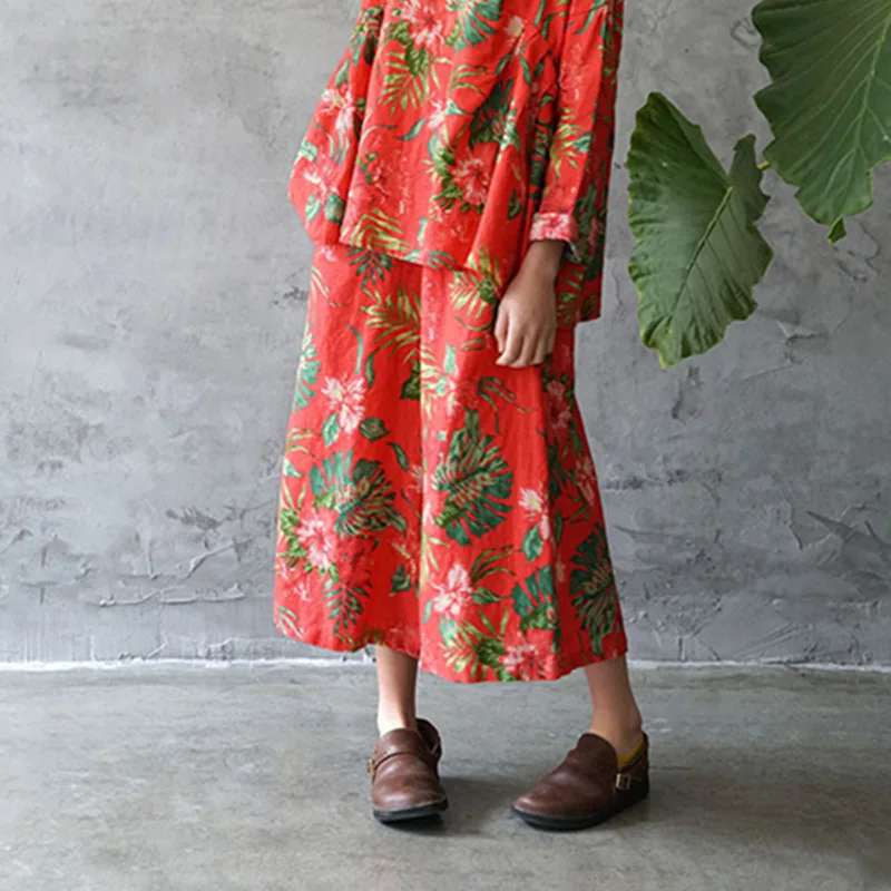 Johnature National Style Women Print Pants New Vintage Loose Fashion 2021 Spring Elastic Waist Linen Straight Calf-Length | Женская