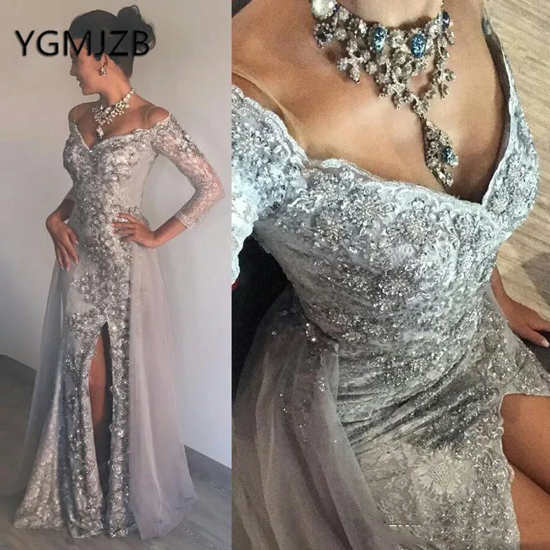 

Abendkleider 2019 Lace Mermaid Evening Dresses with Detachable Train Full Sleeve V Neck Side Slit Women Formal Dress Party Dress