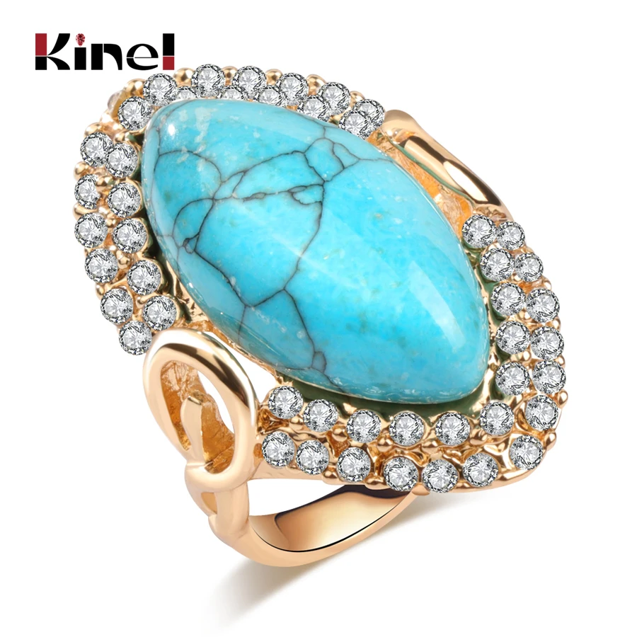 

Kinel Hot Fashion Gold Ring For Women Luxury Natural Stone Vintage Jewelry Mosaic White Crystal Rhombus Wedding Party Rings